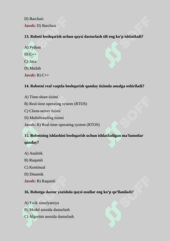 Robototexnika boʻyicha 30 ta test savollari va ularning  javoblari bilan 4