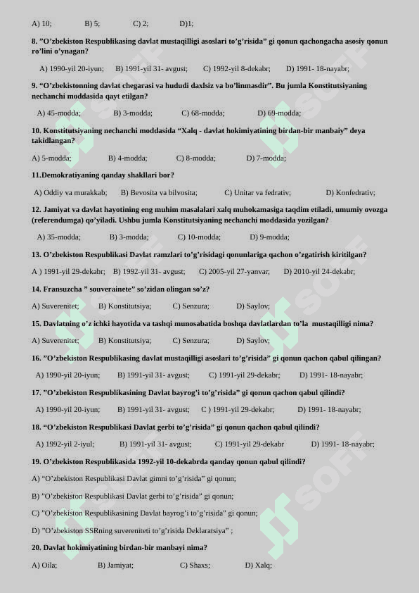 9-sinf Huquq Mavzulashtirilgan test. 5