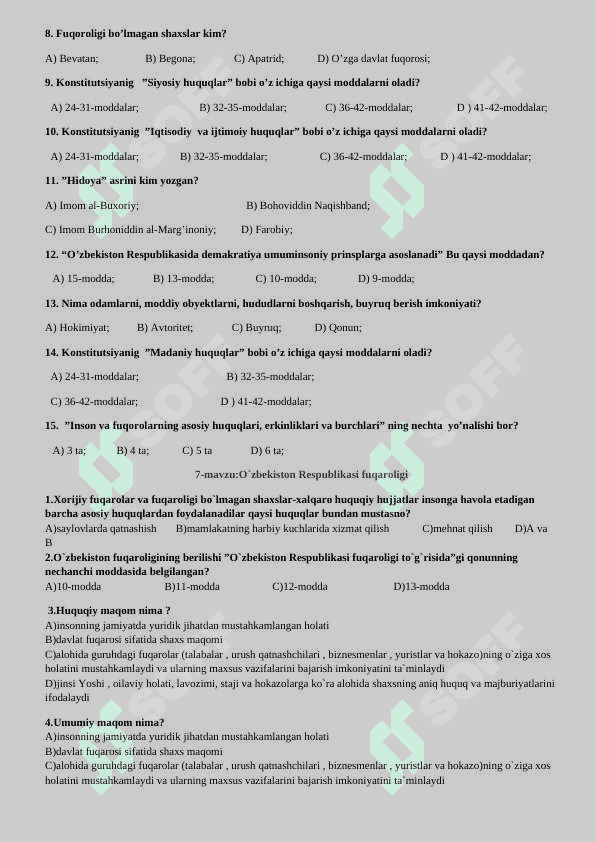 9-sinf Huquq Mavzulashtirilgan test. 8
