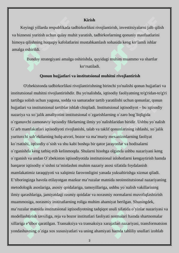 O‘zbekistonda tadbirkorlik faoliyatini qo‘llab-quvvatlash va rivojlantirishning asosiy yo‘nalishlari 3