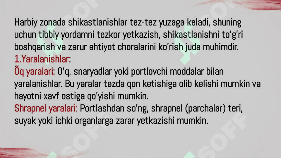 Harbiy zonada sodir etiladigan shikastlanish, kuyish, sovuq urishi vaqtida 1chi tibbiy yordam ko'rsatish 2