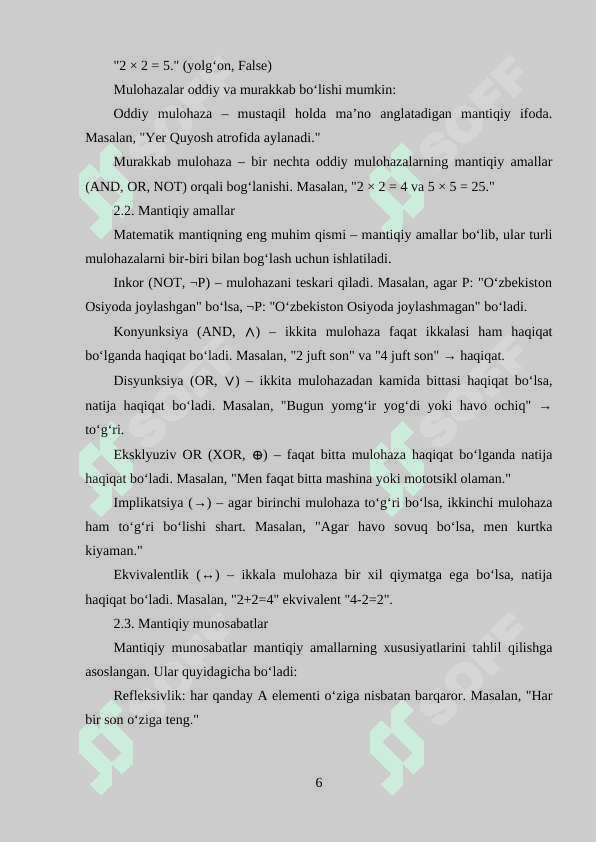 Matematik mantiq tushunchasi va mantiqiy amallar, ular ustida munosabatlar 6