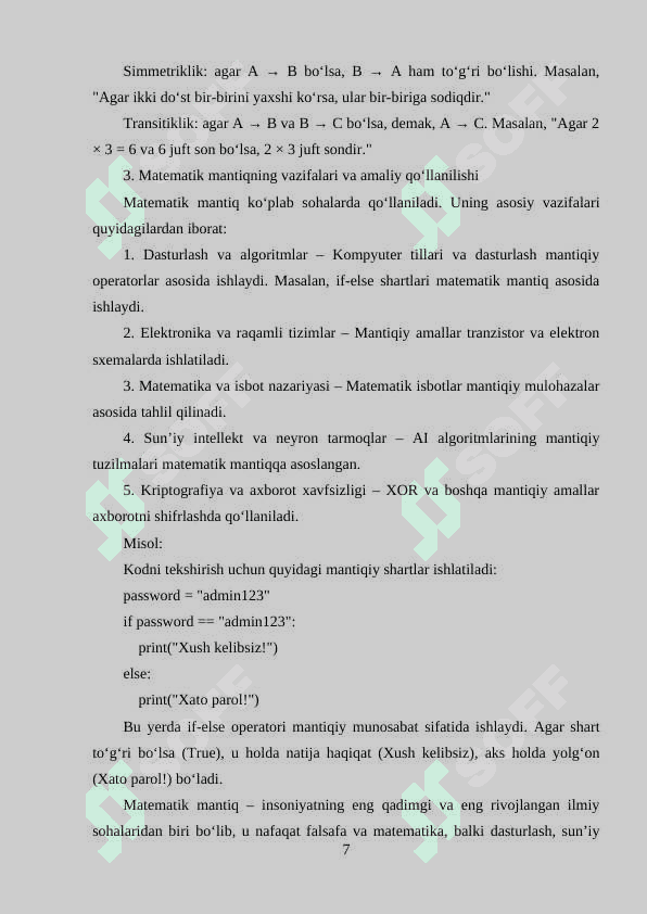 Matematik mantiq tushunchasi va mantiqiy amallar, ular ustida munosabatlar 7