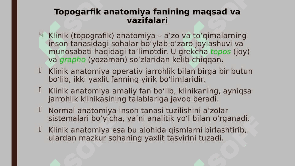 Topografik anatomiya fanining maqsad va vazifalari. Operativ jarrohlik  fanining asosiy tamoyillari. Operatsiyalar haqida tushuncha 2