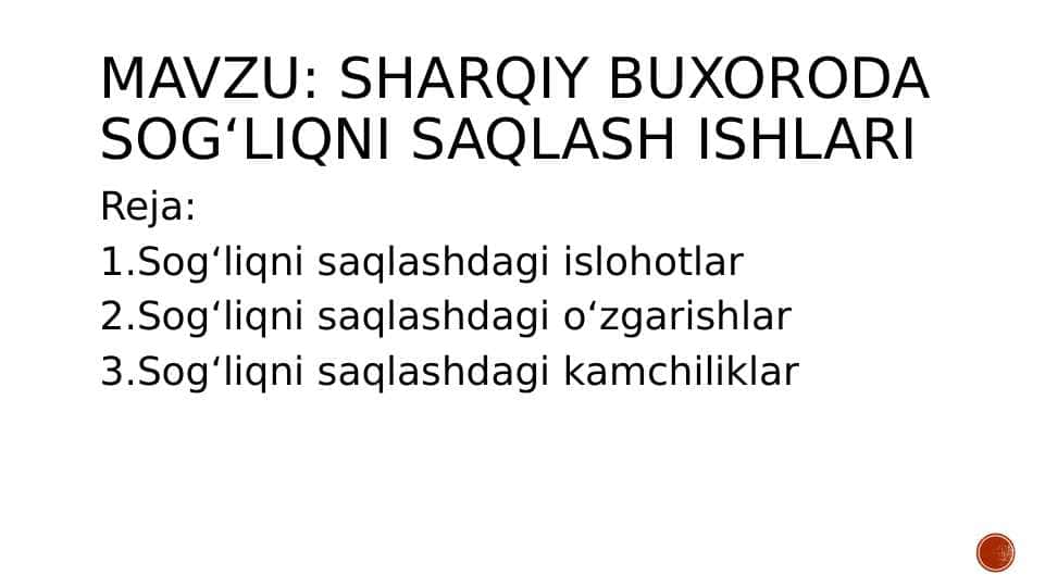 sharqiy buxoroda sogʻliqni saqlash ishlari