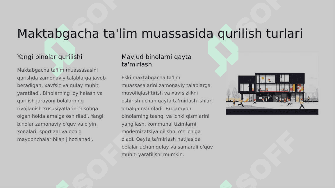 Maktabgacha talim muassasasi qurilishi va bezaklari 3