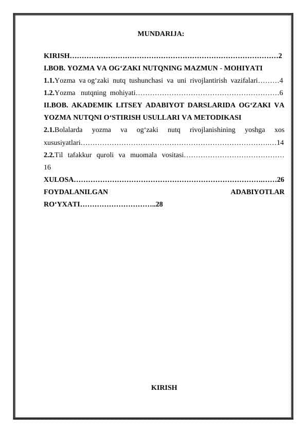 “AKADEMIK LITSEY ADABIYOT DARSLARIDA OG‘ZAKI VA YOZMA NUTQNI O‘STIRISH USULLARI” 1