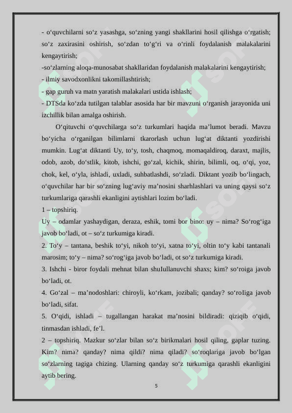 OT SO’Z TURKUMINI O’RGANISH JARAYONIDA O’QUVCHILAR NUTQINI O’STIRISH 5