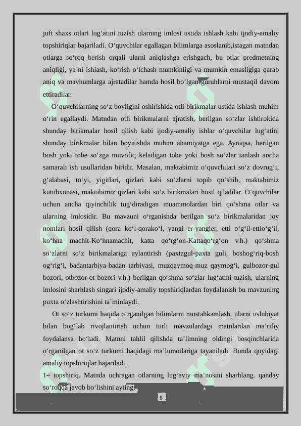 OT SO’Z TURKUMINI O’RGANISH JARAYONIDA O’QUVCHILAR NUTQINI O’STIRISH 8