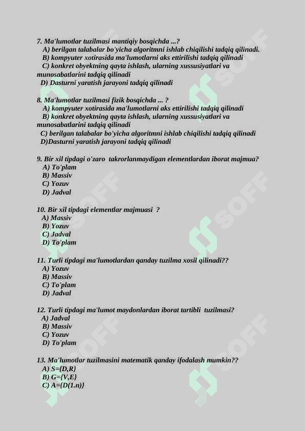 Ma'lumotlar tuzilmasi va Algoritmlash fanidan yakuniy baza savollari 2-kurs TATU. 2