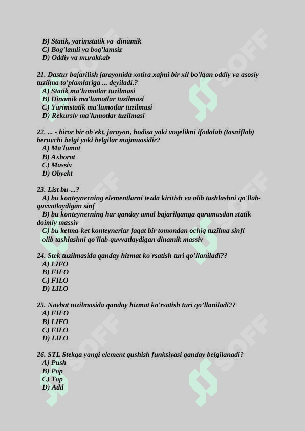 Ma'lumotlar tuzilmasi va Algoritmlash fanidan yakuniy baza savollari 2-kurs TATU. 4