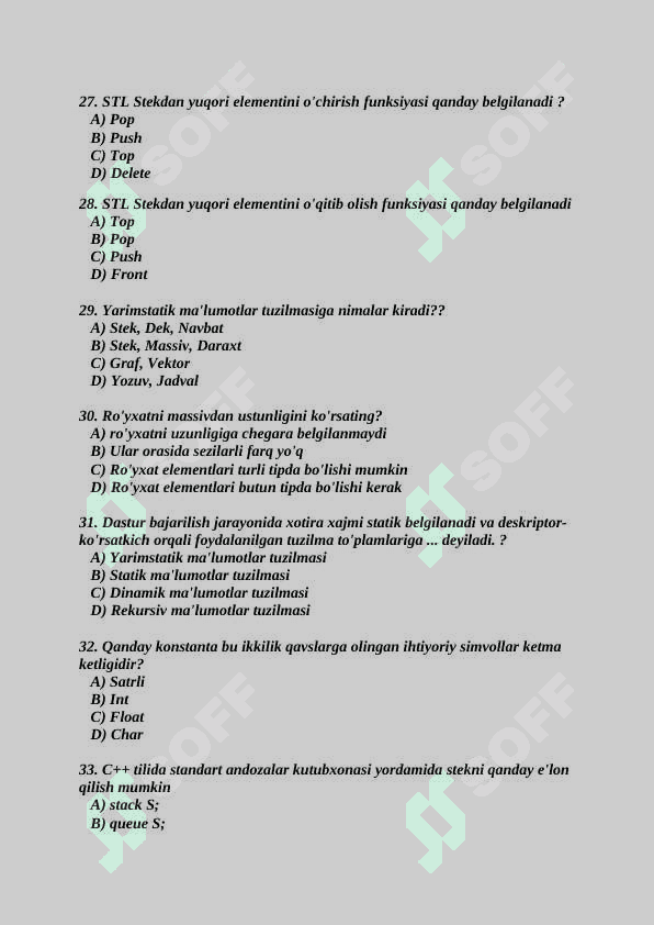 Ma'lumotlar tuzilmasi va Algoritmlash fanidan yakuniy baza savollari 2-kurs TATU. 5