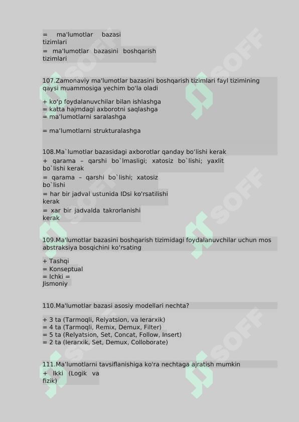 Ma'lumotlar bazasi 2 fanidan yakuniy baza testi 2-kurs TATU. 2