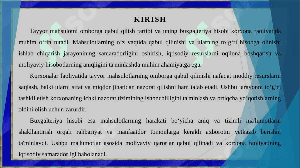 Tayyor mahsulotni omborga qabul qilish tartibi baholash va buxgalteriyadagi hisobi 3
