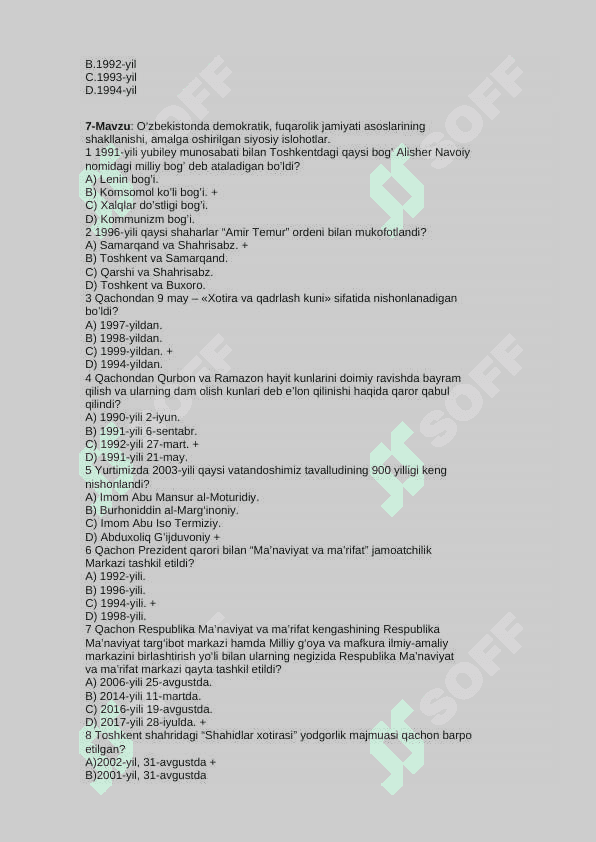 O'zbekistonning eng yangi tarixi fanidan yakuniy baza testi 1-kurs TATU. 8