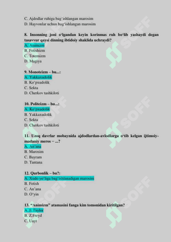 Dinshunoslik fanidan yakuniy baza testi 1-kurs TATU. 2