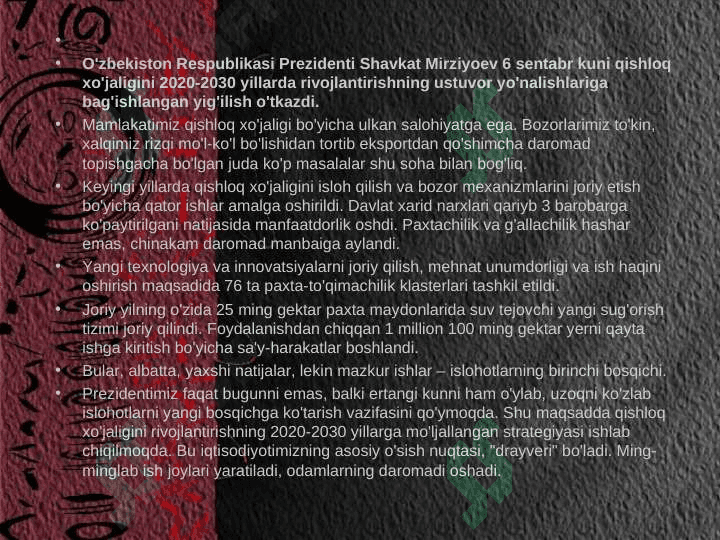 O'zbekistonda qishloq xo'jaligi va sanoat sohasidagi o'zgarishlar 2