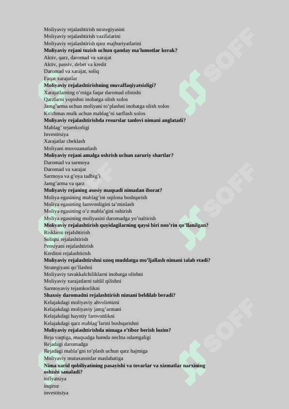 Moliyaviy savodxonlik asoslari fanidan yakuniy baza testi. TATU. 6