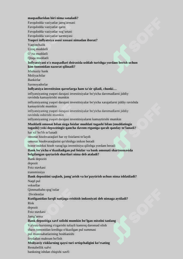 Moliyaviy savodxonlik asoslari fanidan yakuniy baza testi. TATU. 8