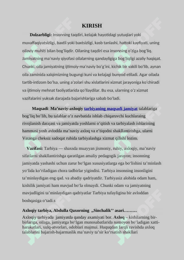 Axloqiy tarbiyada  Abdulla Qaxorning  Sinchalak  asridan foydalanish 2