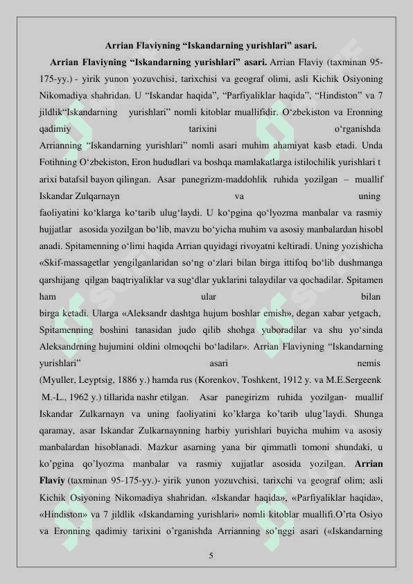 Arrianning “Iskandar yurushlari” asarini o‘rganish va uning asosida Markaziy Osiyo tarixiga oid ma’lumotnoma tayyorlash 5