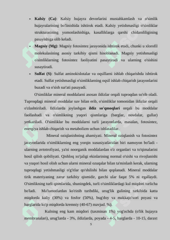 O`simliklarning mineral oziqlanishi 5