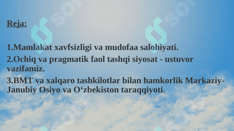 Mamlakatimiz xavfsizligi va mudofaa salohiyatini kuchaytirish, ochiq, pragmatik va faol tashqi siyosat olib borish. 2