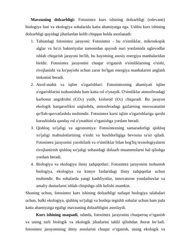 Fotosintez  intensevligiga  tashqi  muhit  omillarining ta'sirini  aniqlash