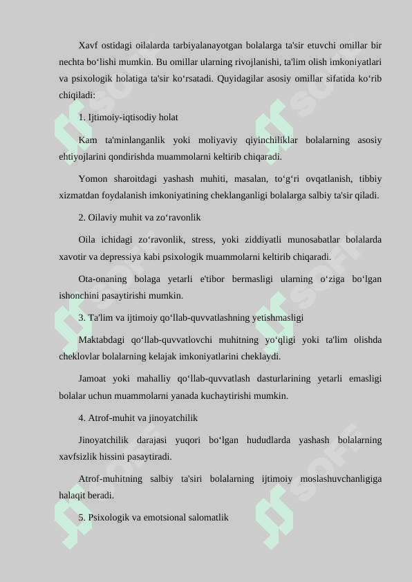 XAVF OSTIDAGI OILALARDA TARBIYALANAYOTGAN BOLALARGA TA'SIR ETUVCHI OMILI 2