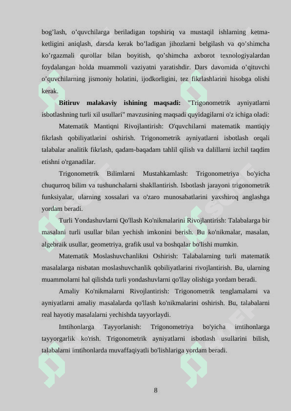 Trigonometrik ayniyatlarni isbotlashning turli xil usullari. 8
