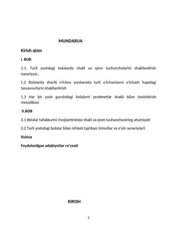 Kurs ishi. Turli yoshdagi bolalarda predmetlar shakli va ularning qismlarini tahlil qilish