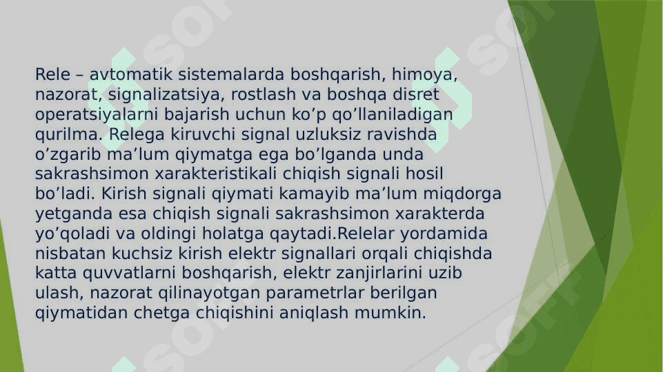 Boshqarish sistemalarini rele, kommutatsiya elementlari. Boshqarish sistemalarini rele, kommutatsiya elementlari. 4