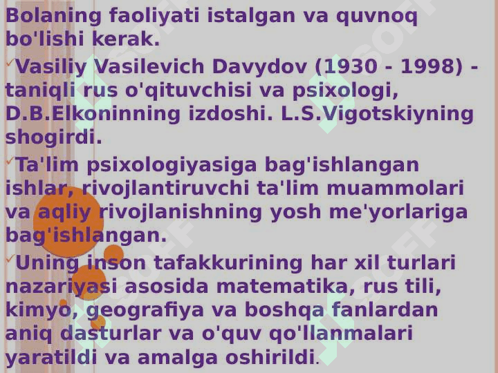 D.B.Elkonin va V.V.Davydov tomonidan ishlab chiqilgan rivojlantiruvchi ta’lim 5