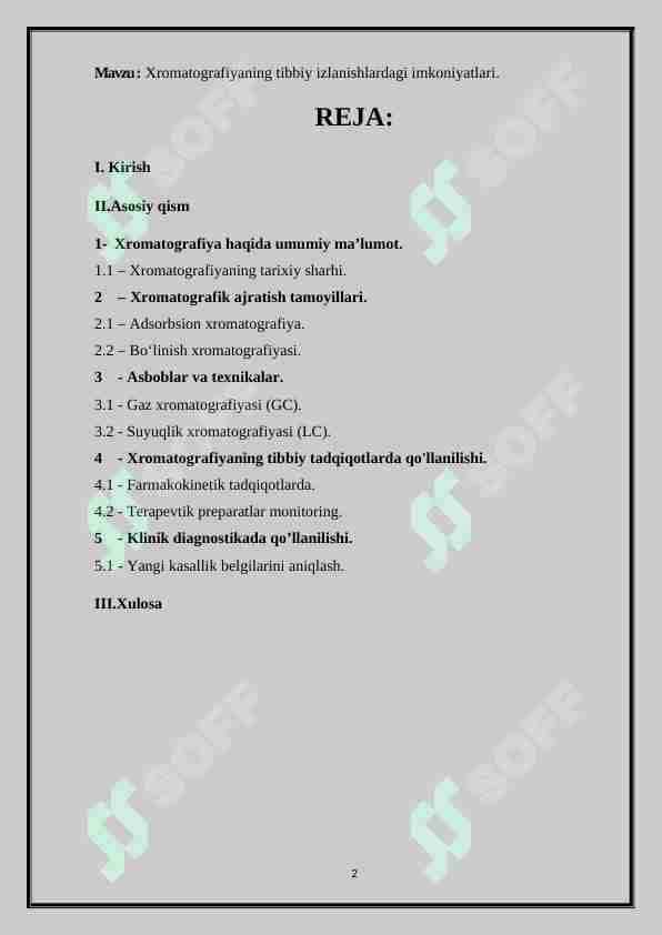 Xromatografiyaning tibbiy izlanishlardagi imkoniyatlari