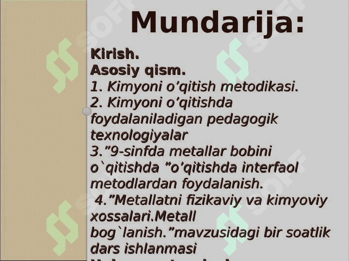 “9– SINFDA “ METALLAR ” BOBINI O`QITISH METODIKASI” MAVZUSIDAGI 2