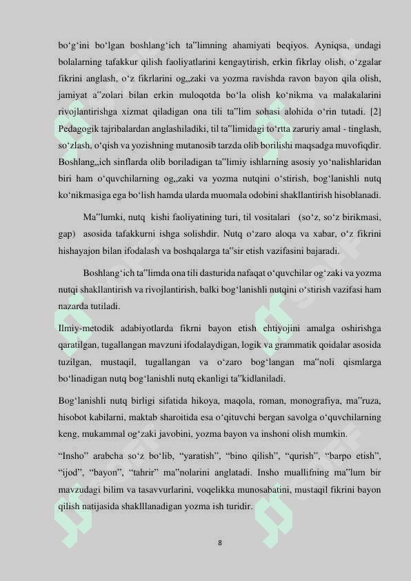 O’QUVCHILARGA BOG’LANISHLI NUTQ TURLARINI  O’RGATISHDA DIDAKTIK VOSITALARDAN  FOYDALANISH 8