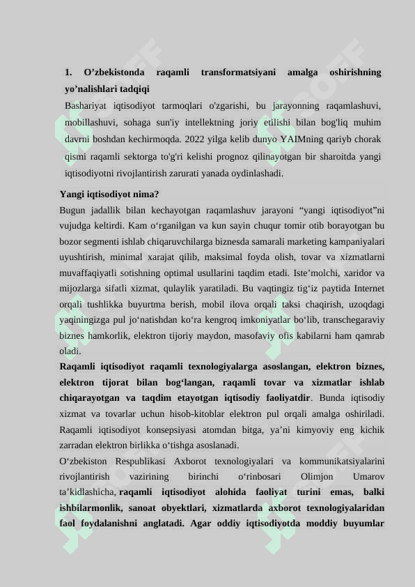 O'zbekiston iqtisodiyotning raqamli transformatsiyasi 2