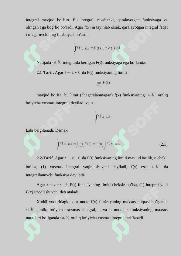 Chegaralanmagan funksiyaning xosmas integrallari 7