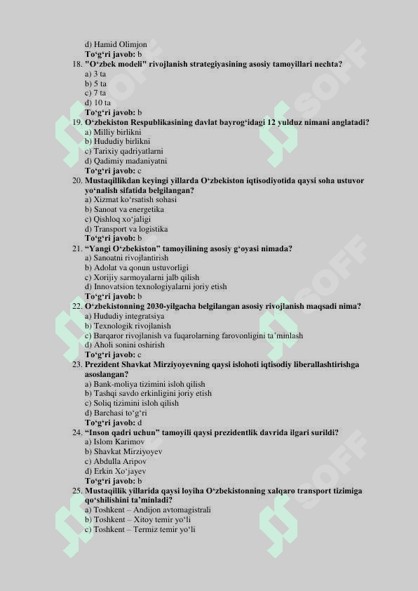O'zbekistonning eng yangi tarixi fanidan testlar 100 3