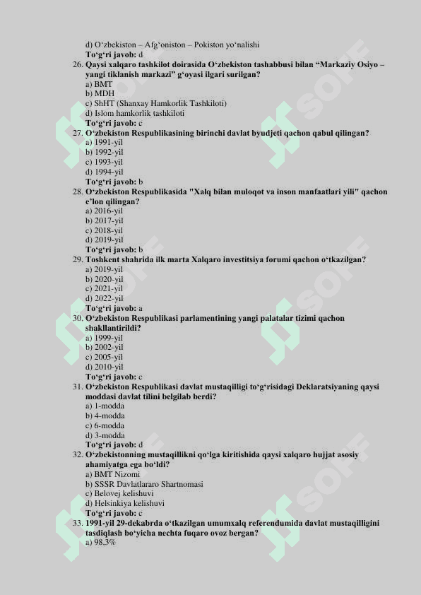 O'zbekistonning eng yangi tarixi fanidan testlar 100 4