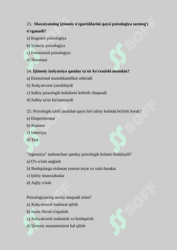 Psihologiya test 100 ta  savollar va javoblar bilan 6