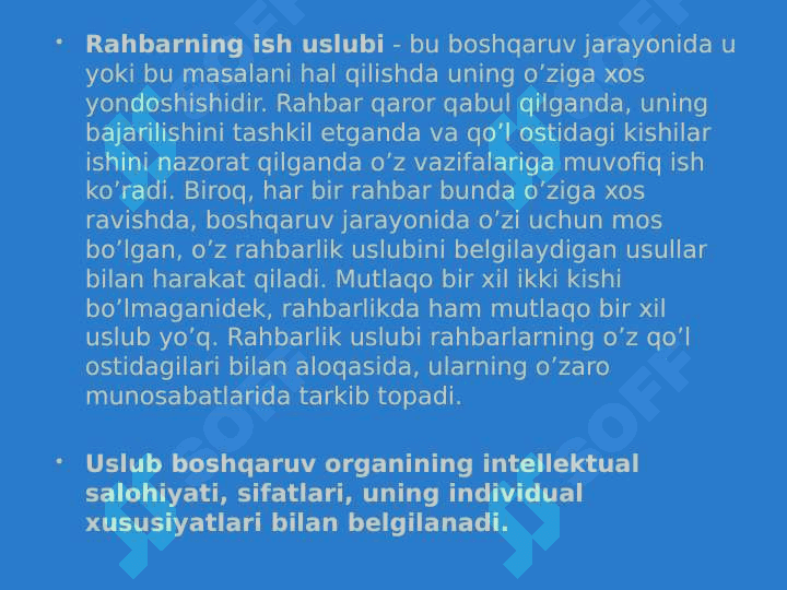 Menejerni rahbarlik  uslubi va  boshqarishdagi o’rni 7