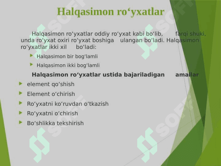 Chiziqli bog'langan ro'yxatlar. Bir va ikki bog‘lamli ro‘yxatlar ustida amallar va ularning algoritmlari.Xalqasimon bog‘langan ro‘yxatlar 2
