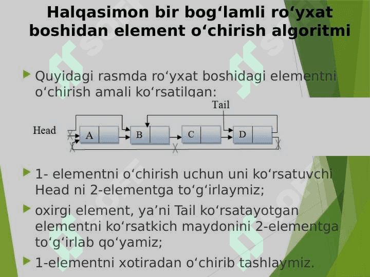 Chiziqli bog'langan ro'yxatlar. Bir va ikki bog‘lamli ro‘yxatlar ustida amallar va ularning algoritmlari.Xalqasimon bog‘langan ro‘yxatlar 8
