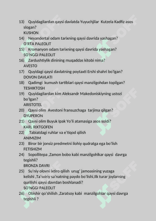 OZBEKISTONNING ENG TARIXI FANIDAN TESTLAR TO'PLAMI 2