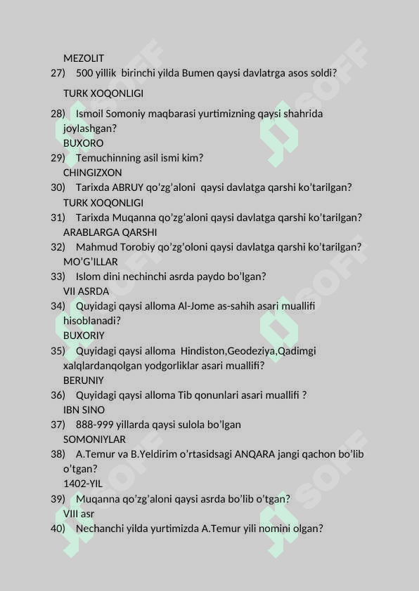 OZBEKISTONNING ENG TARIXI FANIDAN TESTLAR TO'PLAMI 3