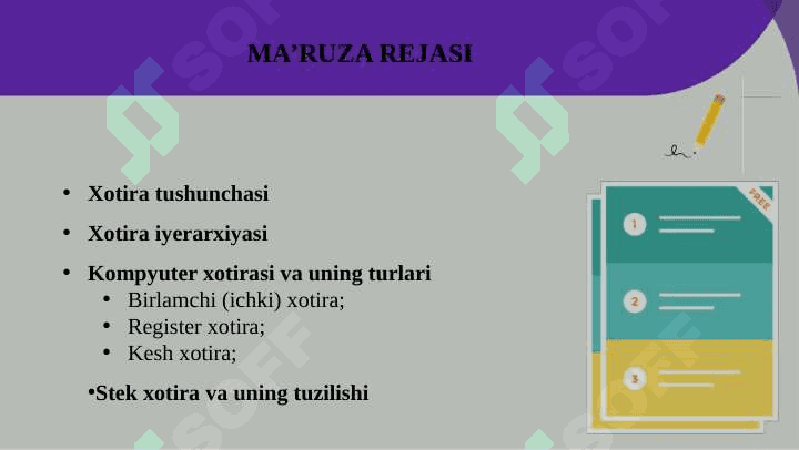 Xotiraning tashkil etilishi va turlari. Xotira iyerarxiyasi. Ichki xotiraning tashkil etilishi. Stek xotira va tuzilishi. 2