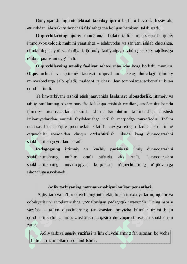 TARBIYA JARAYONINING MAZMUNI. (AQLIY, AXLOQIY, JISMONIY, ESTETIK, EKOLOGIK TARBIYA) 4