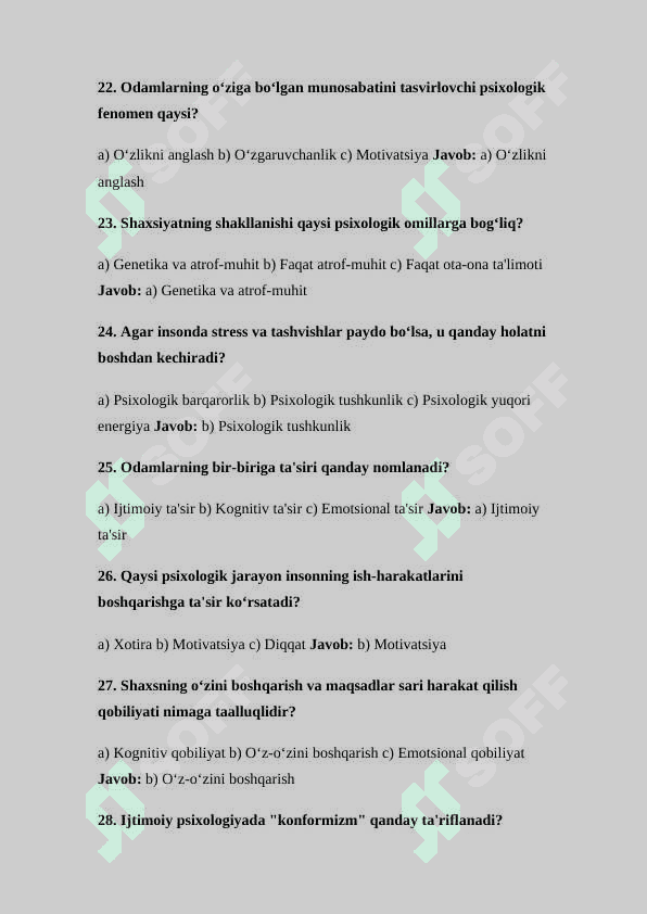 Psixologiya fanidan test 50 ta. Javoblari bilan. 4