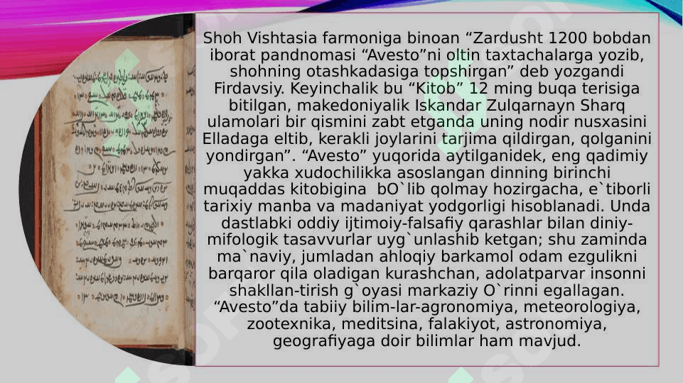 Zardushtiylik Dinining paydo bo’lishi va uning O’rta Osiyoda tarqalishi 8